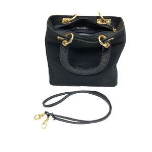 Lanzetti Leather Canvas Tote Handbag Black Small 2 Handle Croc embossed